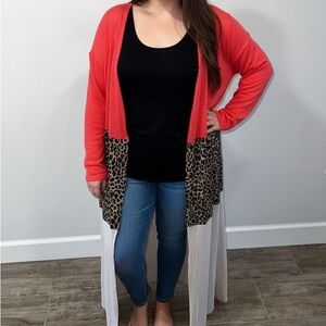 Coral and Leopard Print Colorblock Kimono Cardigan